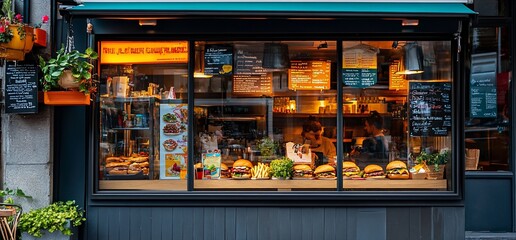 A cozy burger shop with a welcoming display and warm interior ambiance.