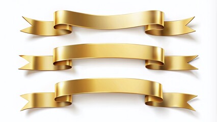 Elegant Set of Gold Banner Label Ribbons on a White Background, Perfect for Celebrations, Promotions, and Crafting Projects, Captured in Candid Photography Style