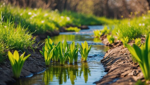 A lush green field of grass dips into a tranquil pond, reflecting the surrounding trees and sky - Powered by Adobe