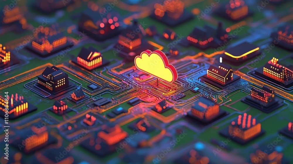 Poster futuristic cityscape with cloud computing and circuit connections.