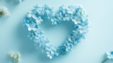 A delicate heart-shaped wreath made of light blue flowers, perfect for Valentine's Day or Mother Day, set against a soft pastel background for a romantic, elegant touch.