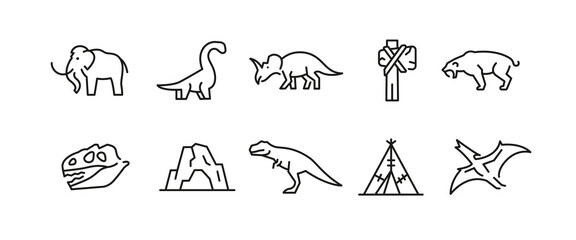 Prehistoric icons. Set of 10 prehistoric trendy minimal icons. Example: Mammoth, Stone Wheel, Caveman, Brontosaurus icon. Design signs for web page, mobile app, packaging design. Vector illustration.