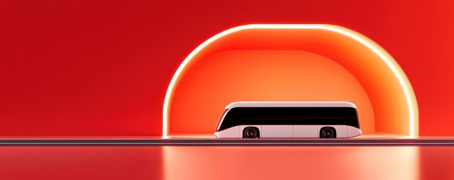 Futuristic train model under a vibrant sunset backdrop.