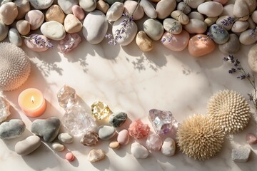 Fototapeta premium Elegant Flat Lay Composition of Natural Stones, Crystals, and Dried Lavender on a Marble Surface