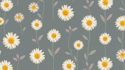 White Daisy Garden, A repeating of white daisies with yellow centers on a neutral gray background. The grid-like arrangement of daisies creates a sense of order and tranquility.