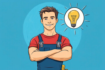 Innovative home repair concept: cheerful handyman with light bulb idea illustration for diy projects. Construction and repair business template, mock-up. Horizontal banner. Copy space