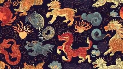 An intricate pattern design for Chinese New Year with repeating motifs of zodiac animals and auspicious symbols
