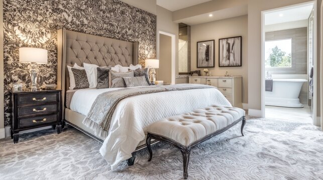 An extravagant luxury bedroom with intricate designs, luxurious fabrics, and a spa-like ensuite bathroom