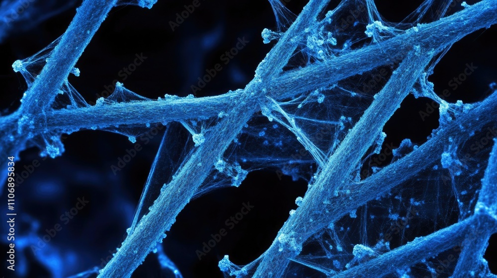 Poster a highly magnified, fluorescent image showing intricate blue asbestos fibers illuminated on a dark b