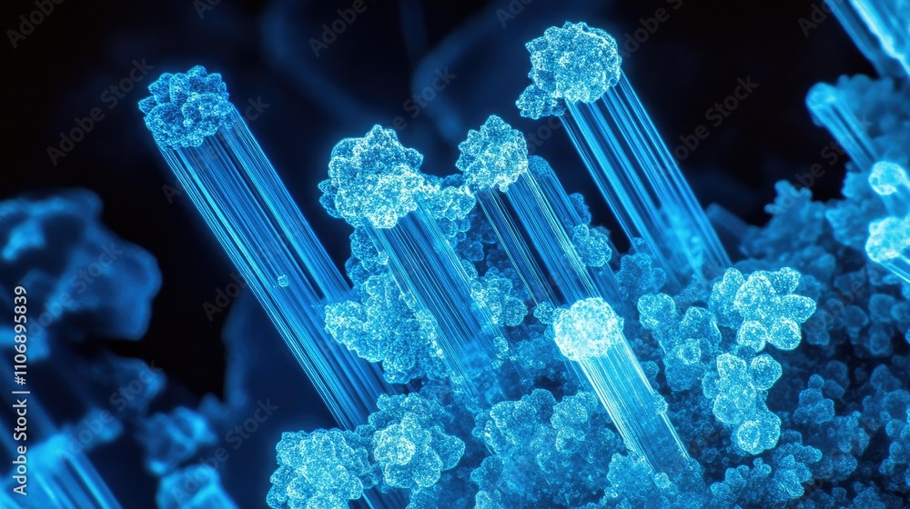 Poster a highly magnified, fluorescent image showing intricate blue asbestos fibers illuminated on a dark b