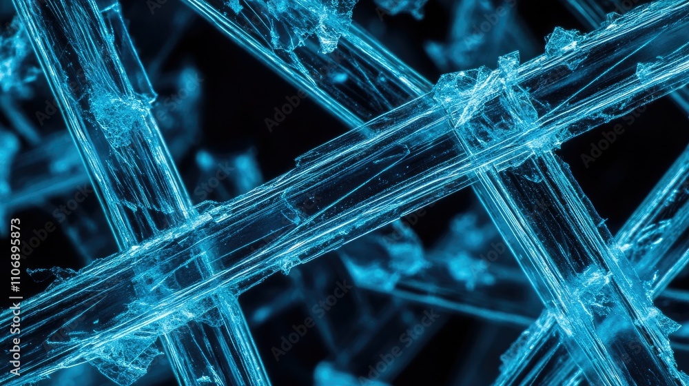 Poster a highly magnified, fluorescent image showing intricate blue asbestos fibers illuminated on a dark b