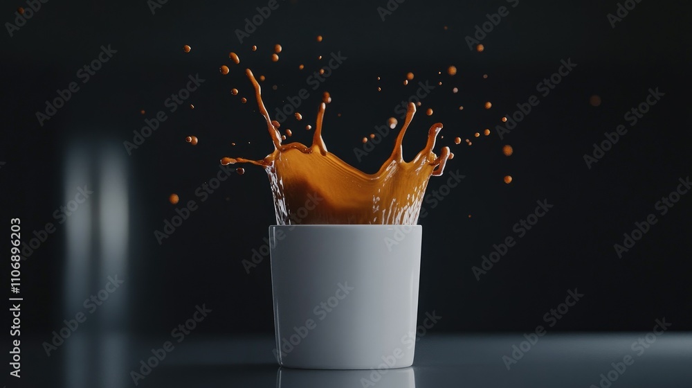 Poster a minimalist shot of coffee splashing from a white cup, emphasizing motion and simplicity against a 