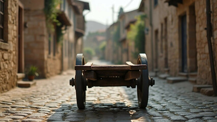 Old Wooden Cart on Cobblestone Street