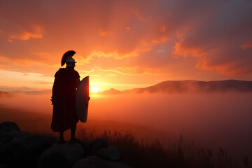 Obraz premium Roman soldier stands on the battlefield