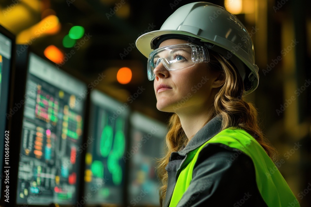 Poster a focused female engineer in a hard hat and safety vest sits in front of multiple high-resolution sc