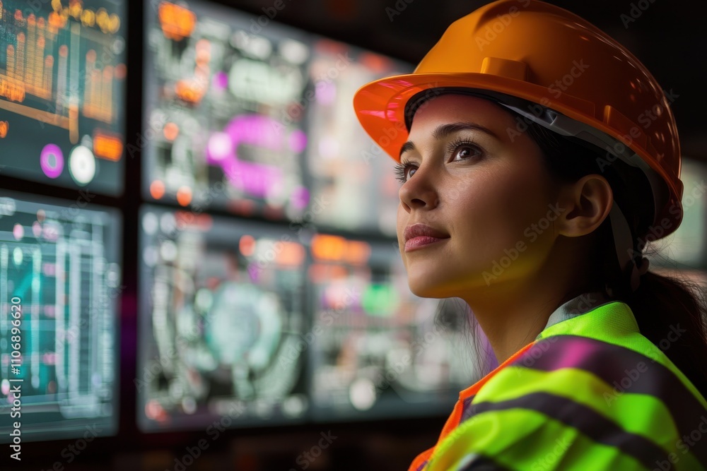Poster a focused female engineer in a hard hat and safety vest sits in front of multiple high-resolution sc