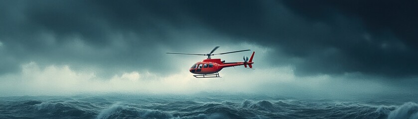 Red helicopter flying through stormy skies over turbulent waters.