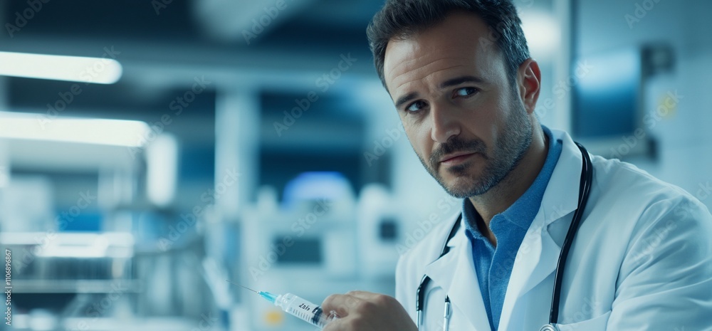 Poster a doctor in a lab setting, holding a syringe with a serious expression.