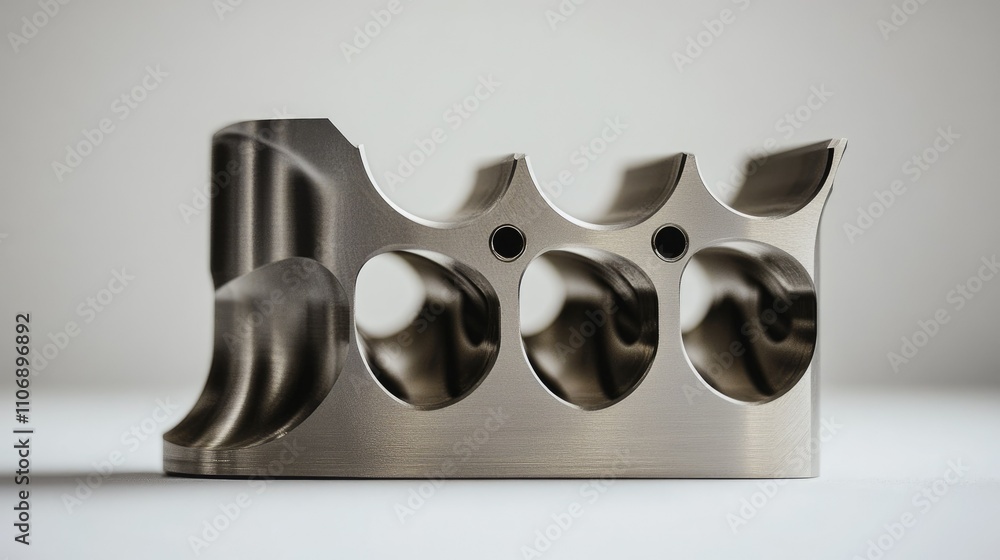 Poster a precision-machined metal part with intricate holes and smooth curves, showcasing its detailed indu