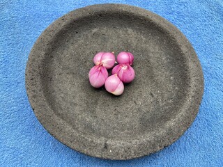 red onions are placed on a pestle with a blue cloth background