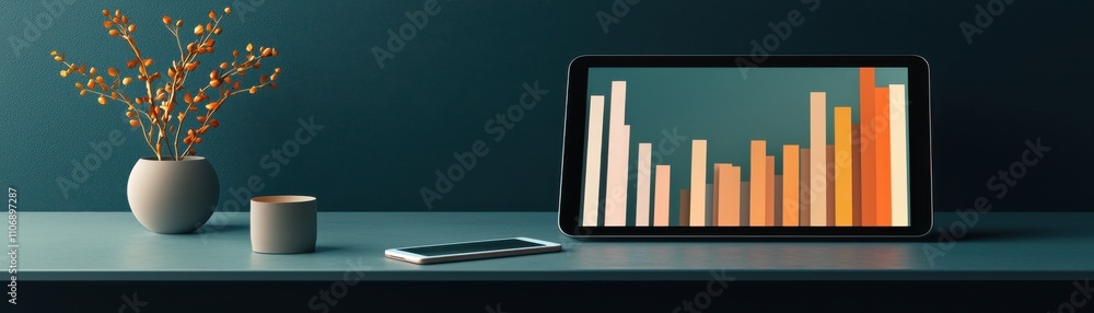 Poster stylish workspace with tablet displaying growth analysis.