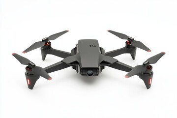 A high-tech black drone with four rotating propellers and integrated LED lights is displayed in sharp focus
