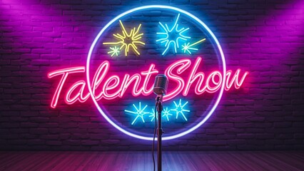 Neon Talent Show Stage, Vibrant neon sign reading "Talent Show" with pink lights, surrounded by colorful fireworks and a microphone on a circular platform. Ideal for events, entertainment.
