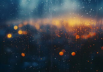 Abstract background with raindrops on window glass, blurred cityscape in the distance.