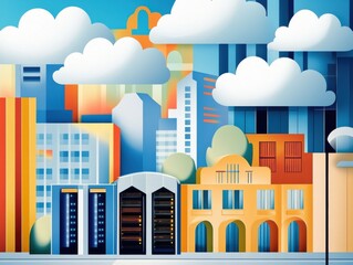 Obraz premium Vibrant city skyline with colorful buildings and clouds.