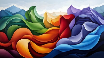 Vibrant Rainbow Mountain Landscape: A Digital Painting of Flowing Hues AI Generated