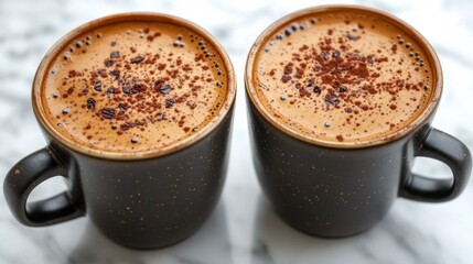Two cups of coffee topped with cocoa powder on a marble surface.