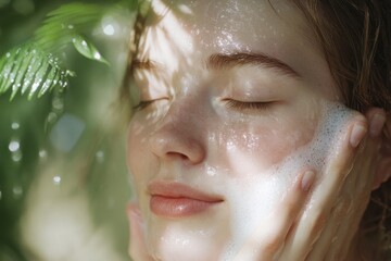 Fototapeta premium A serene close-up of a woman gently washing her face with foamy cleanser