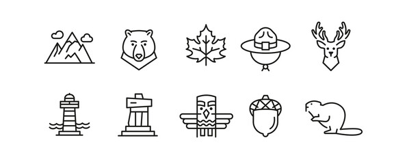 National icons. Set of 10 National Reserve trendy minimal icons. Example: Maple leaf, Bear, Beaver, Totem pole. Design signs for web page, mobile app, packaging design. Vector illustration
