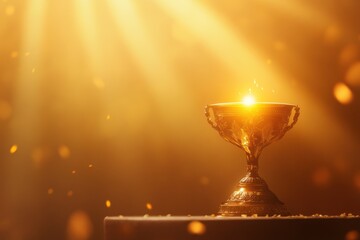 A shining golden trophy displayed on a podium under a dramatic spotlight