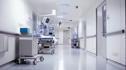 A vacant hospital corridor with clean, modern design and bright lighting, highlighting the sterile, clinical environment with medical equipment in place