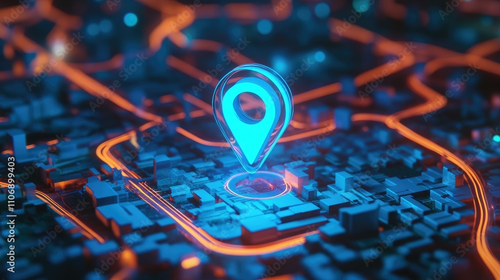 Poster a vibrant 3d blue location pin marking a place on a gps map, with an integrated search bar and route