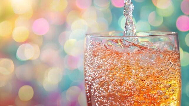 Refreshing Fizzy Soda Pour with Vibrant Party Decorations in Background