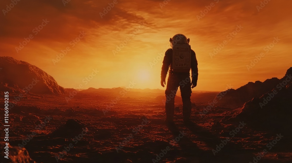 Poster an astronaut stands on an alien landscape, illuminated by a fiery sunset sky. the rugged terrain con