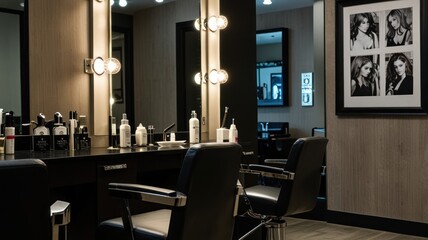 Luxurious hair salon styling station with chairs and vanity.