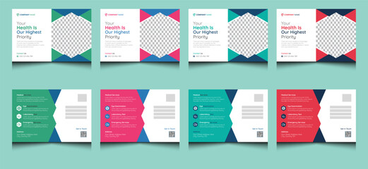 Editable elegant clean unique creative modern corporate professional company business medical healthcare minimal marketing promotion hospital clinic treatment services postcard design template.