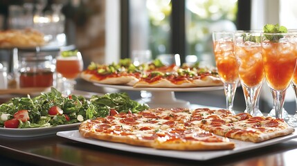 A casual gourmet display on a dining table, featuring a variety of artisanal pizzas, fresh salads, and gourmet drinks 