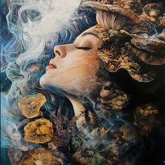 Enchanted Woman: A Surreal Portrait in Mushroom Haze