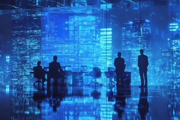 Business meeting silhouettes conference room futuristic data visualization blue tones