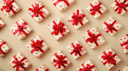 Present background with a pattern of gift boxes and ribbons, ideal for digital design