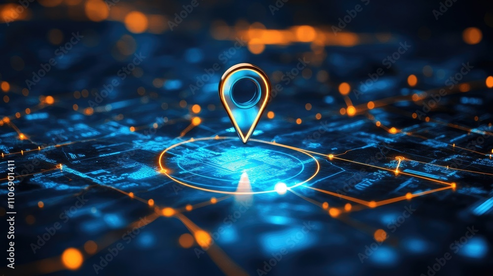 Poster blue location pin on a digital map, illustrating gps navigation and travel destinations, enhanced wi