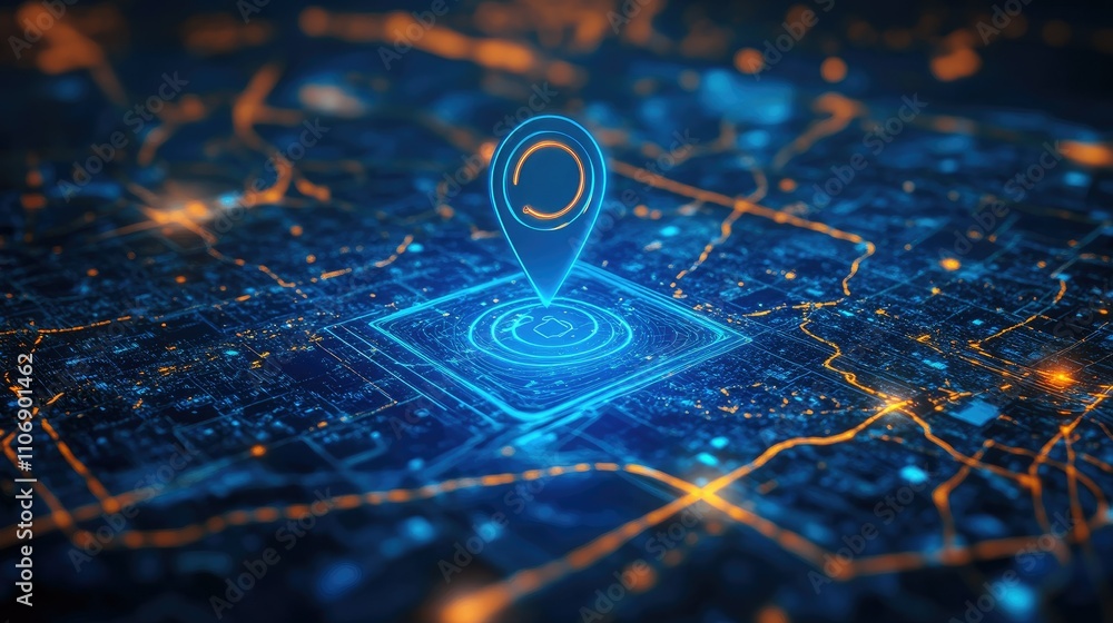 Poster Blue location pin on a digital map, illustrating GPS navigation and travel destinations, enhanced with internet search bar icons and modern tech design