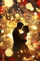 Couple Embracing Amidst Golden Festive Lights