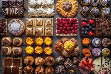 Fototapeta premium A vibrant display of assorted desserts, including cakes, pastries, and chocolates, showcasing a variety of colors, shapes, and textures.