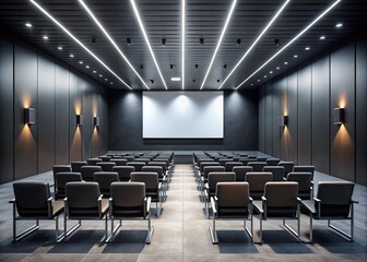 Fototapeta premium Empty Modern Auditorium with Rows of Black Chairs and a Large Blank Screen for Presentation, Conference, or Event Poster in a Minimalistic Design with Overhead Lighting