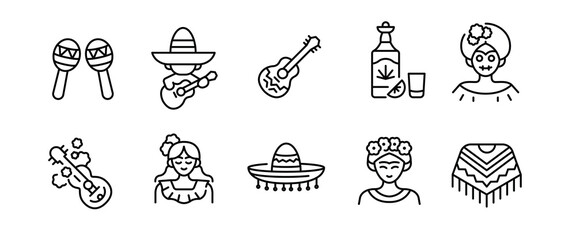 Mexico icons. Set of 10 Mexico trendy minimal icons. Example: Poncho, Margarita, Cactus, Tacos, Maya Pyramid icon. Design signs for web page, mobile app, packaging design. Vector illustration